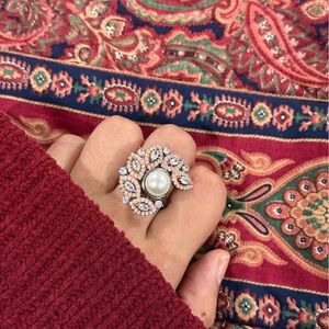 New | Indian Rose Gold/Grey AD Crescent Pearl Adjustable Ring